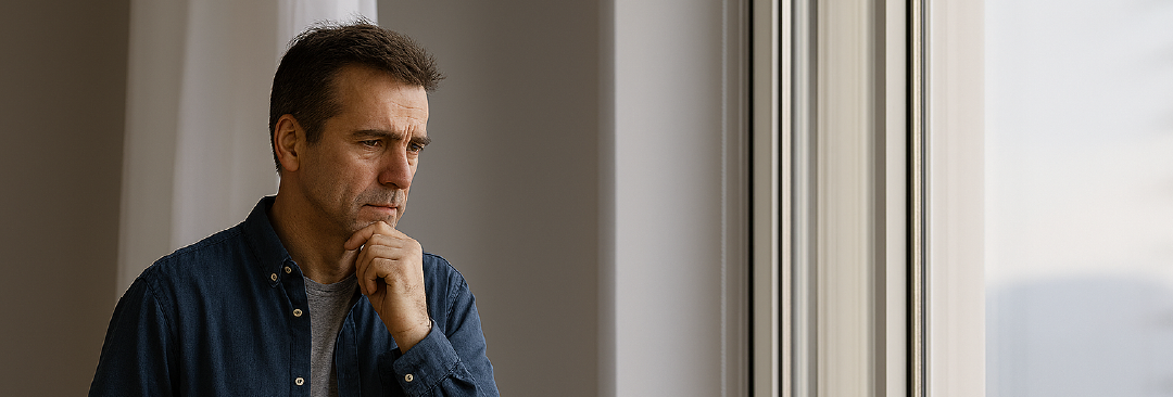 Älterer Mann denkt über die Pflege nach