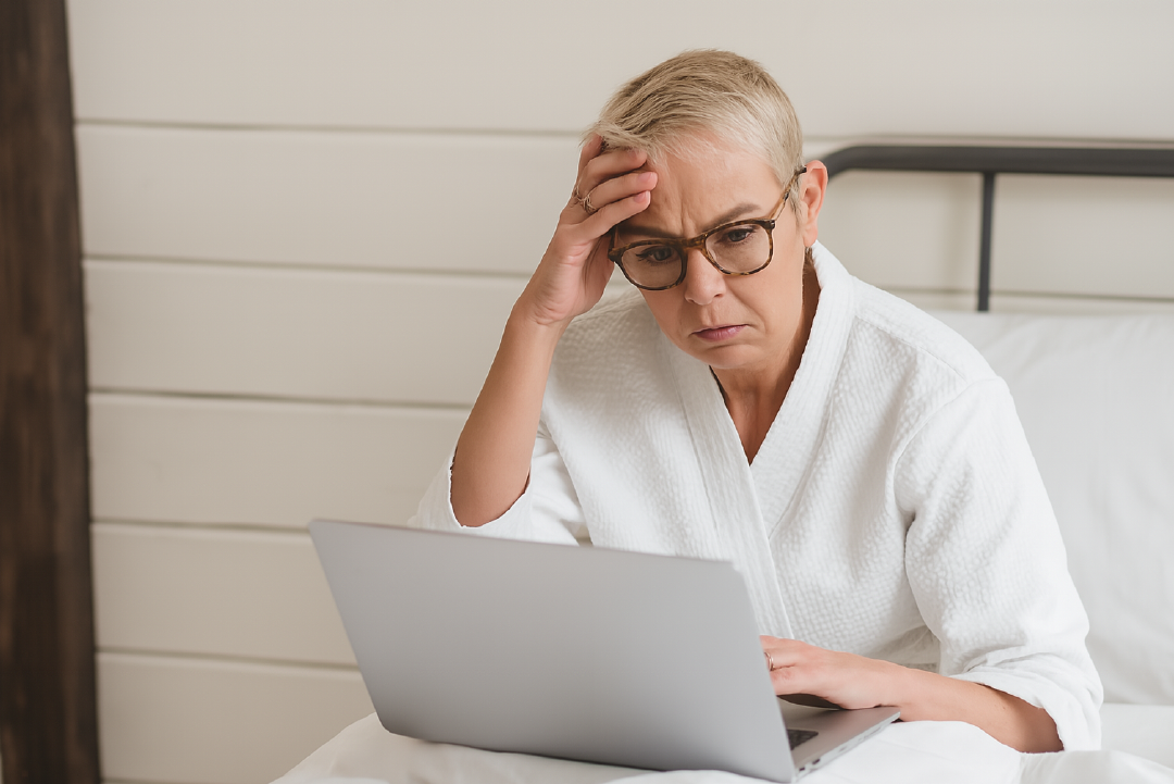 Frau ist gestresst von der komplexen Internet-Recherche an ihrem Laptop