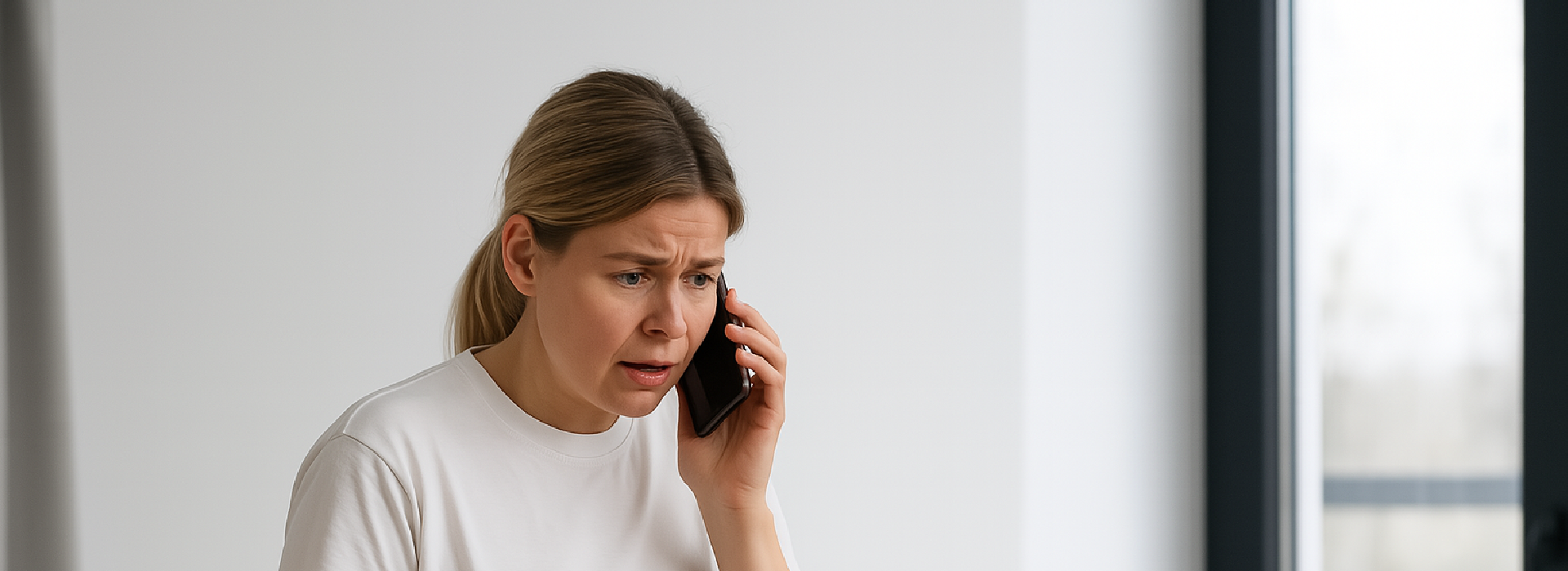 Junge Angehörige telefoniert besorgt nach der Nachricht über einen Pflegefall in der Familie