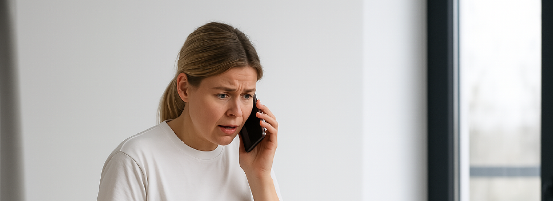 Junge Angehörige telefoniert besorgt nach der Nachricht über einen Pflegefall in der Familie